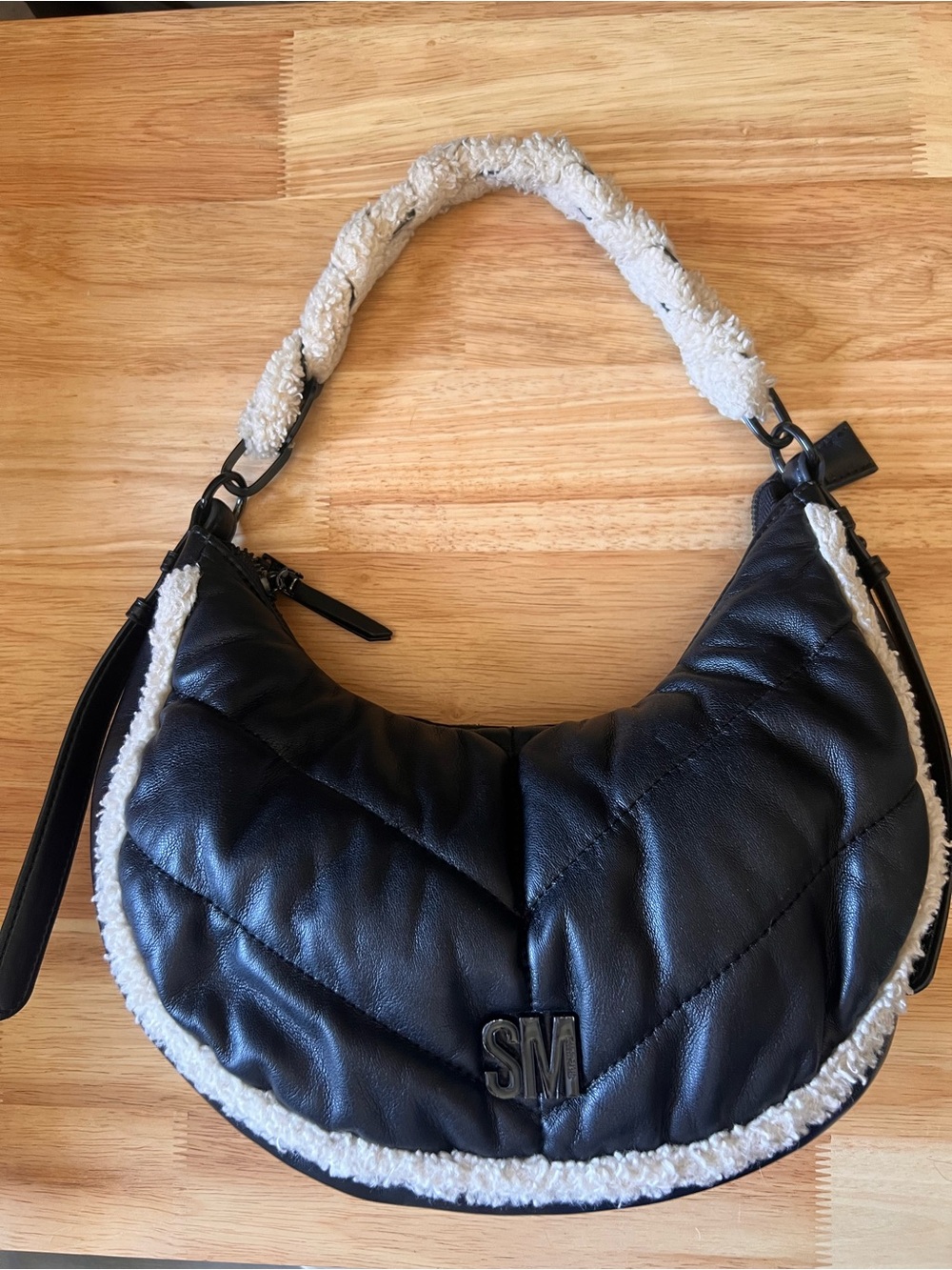 Steve Madden Black Quilted Hobo Bag with Cream Sherpa Trim